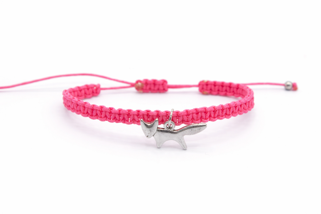 Adjustable pink macrame wish bracelet with fox animal charm