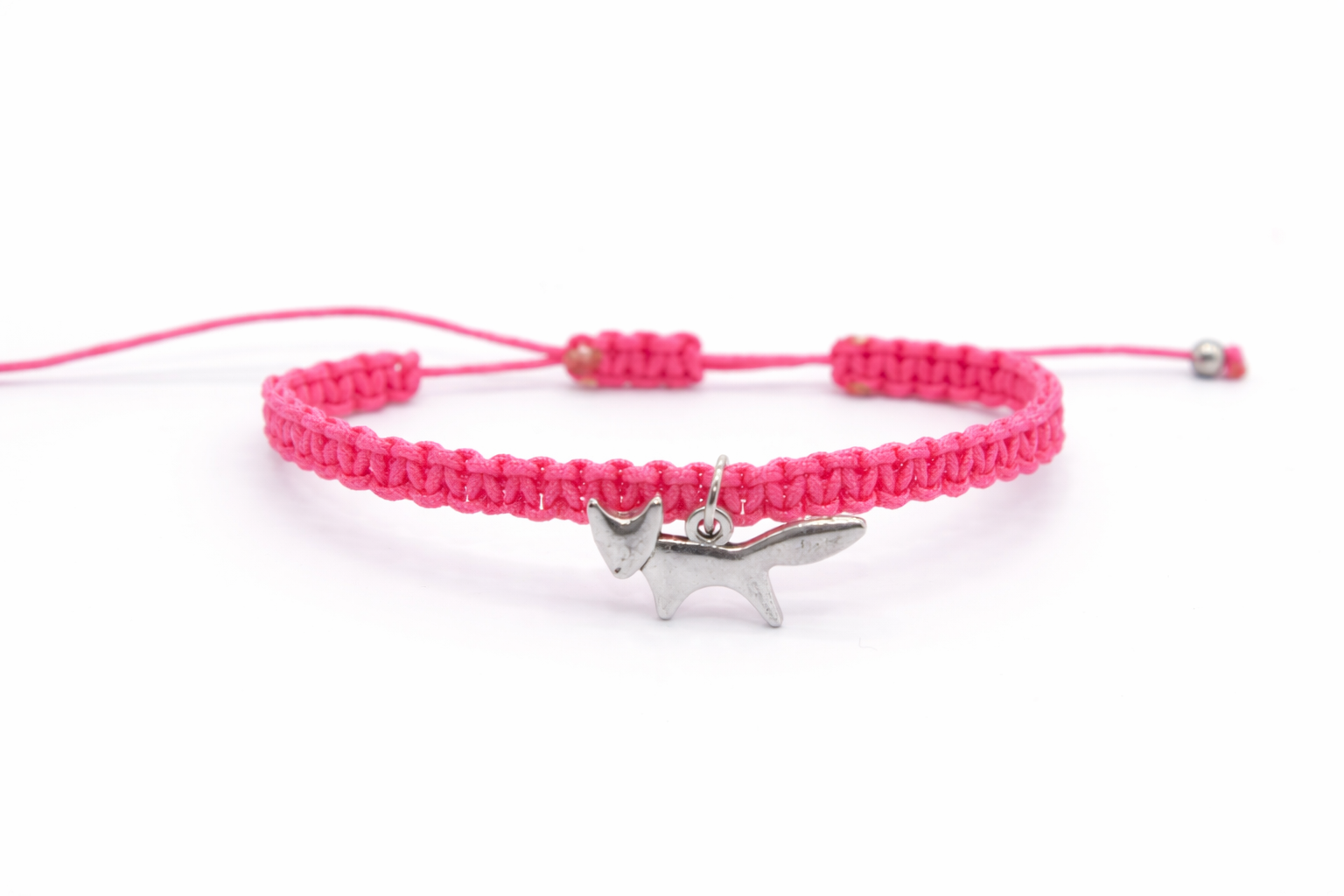 Adjustable pink macrame wish bracelet with fox animal charm