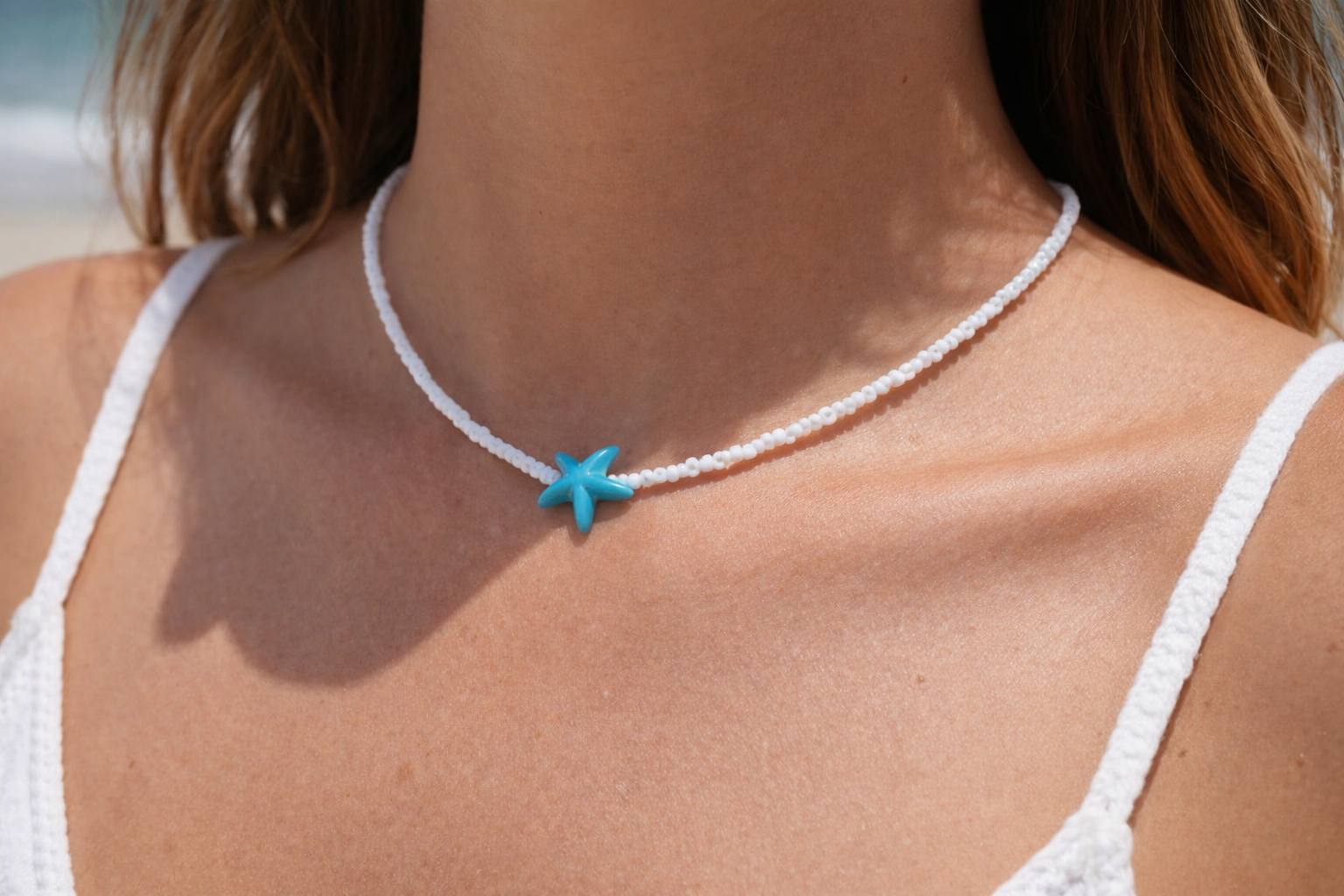Beachy starfish beaded necklace worn for summer coastal style