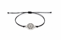 Black cord bracelet with a silver sun charm on a white background