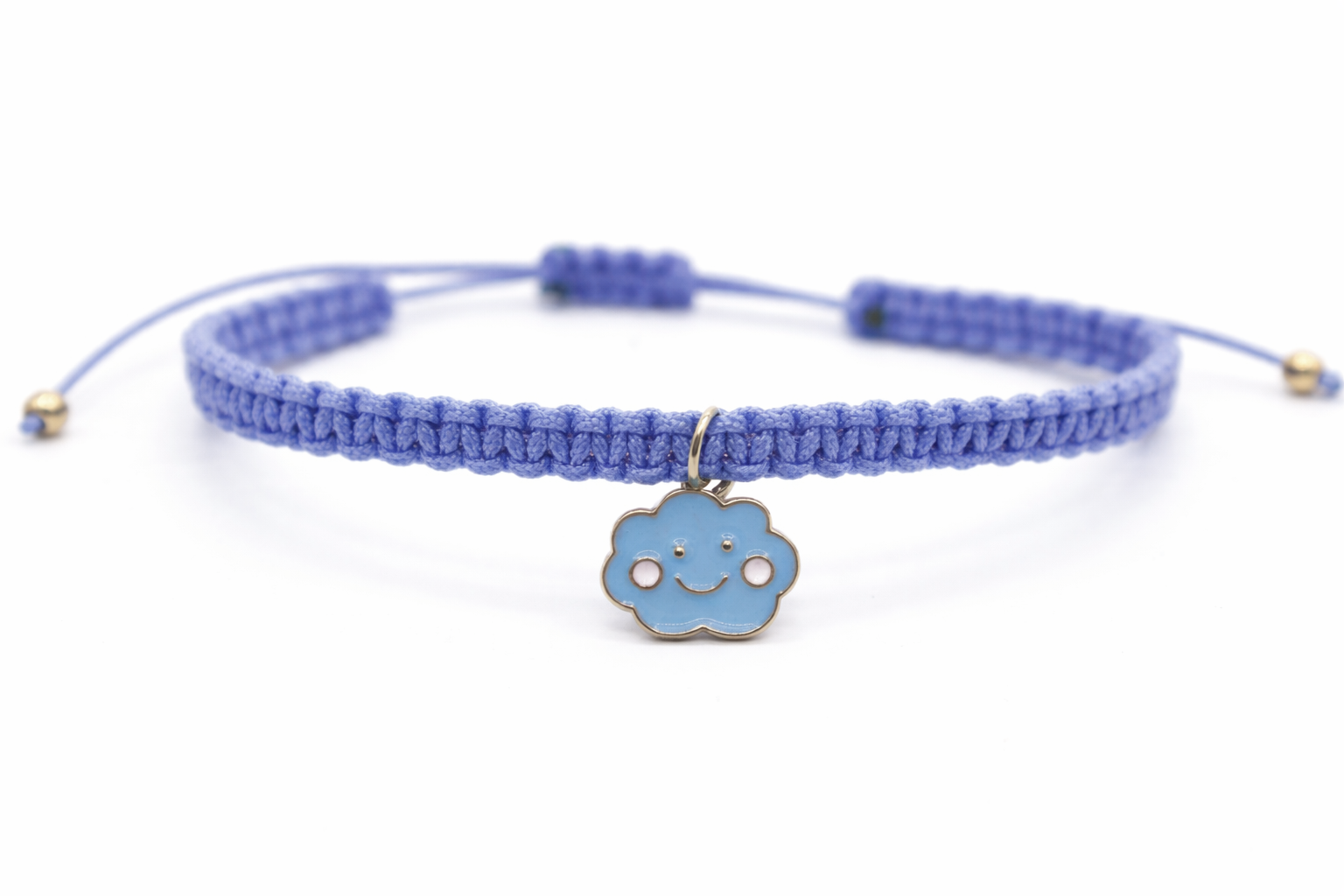 Blue bracelet with a cloud-shaped charm on a white background