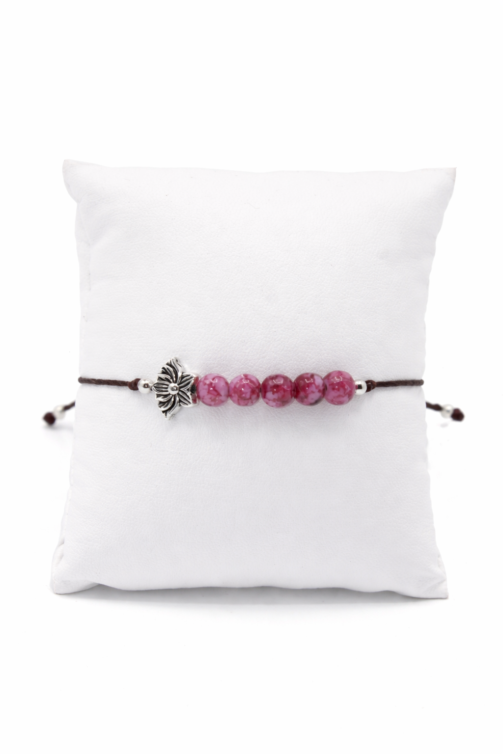 Bracelet with red swirl glass beads and a silver  lotus charm 