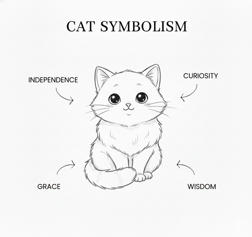 Illustration of a cat with associated symbolism labels on a white background