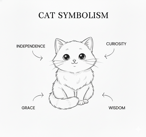 Illustration of a cat with associated symbolism labels on a white background