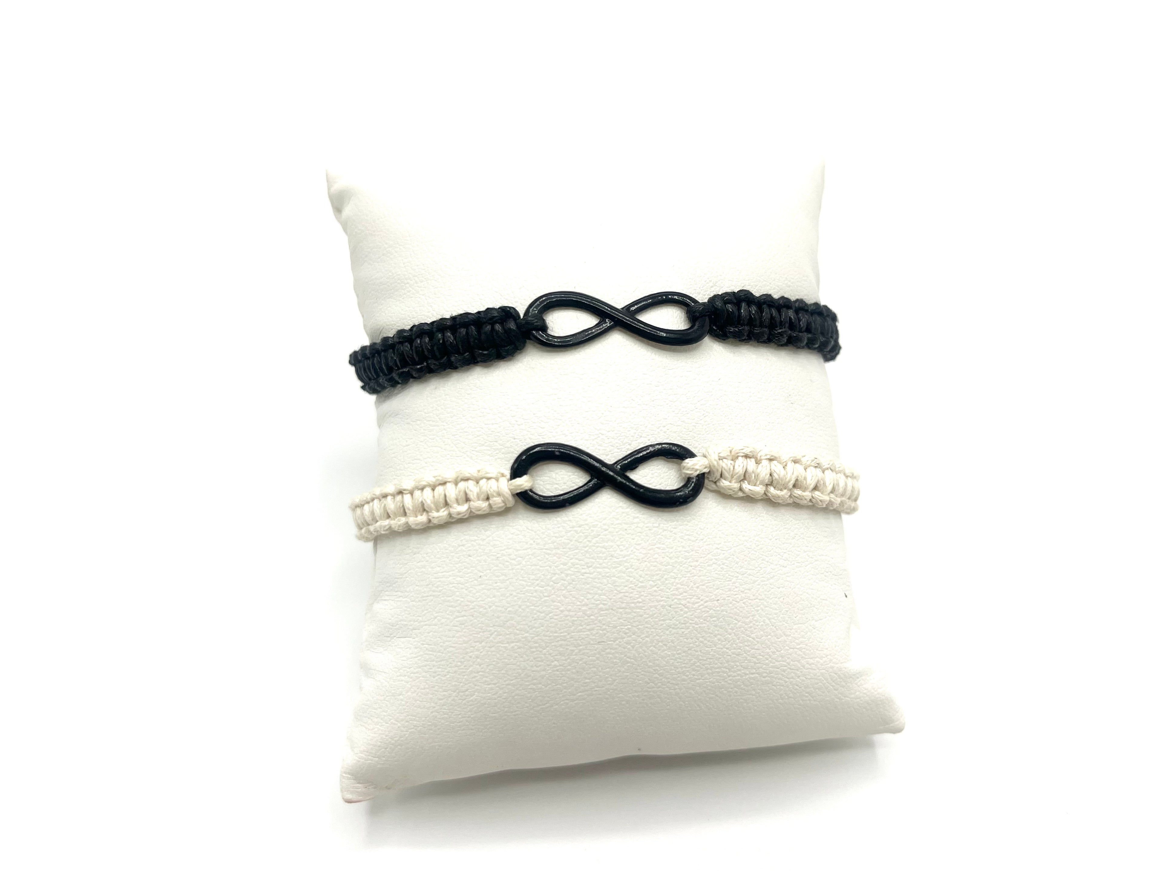 Close-up of infinity friendship bracelet, handmade macrame design, casual jewelry