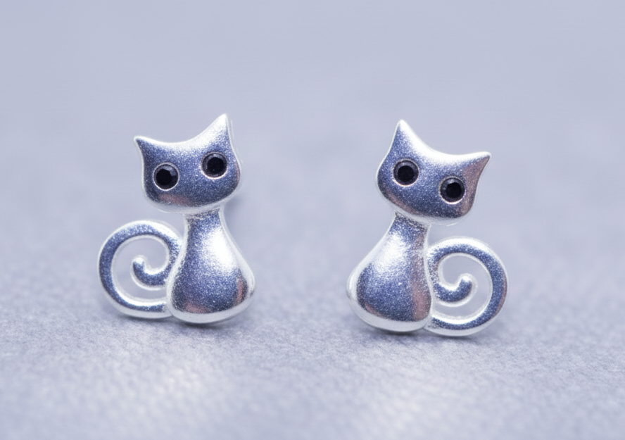Close-up of sterling silver cat stud earrings showing smooth finish and minimalist design