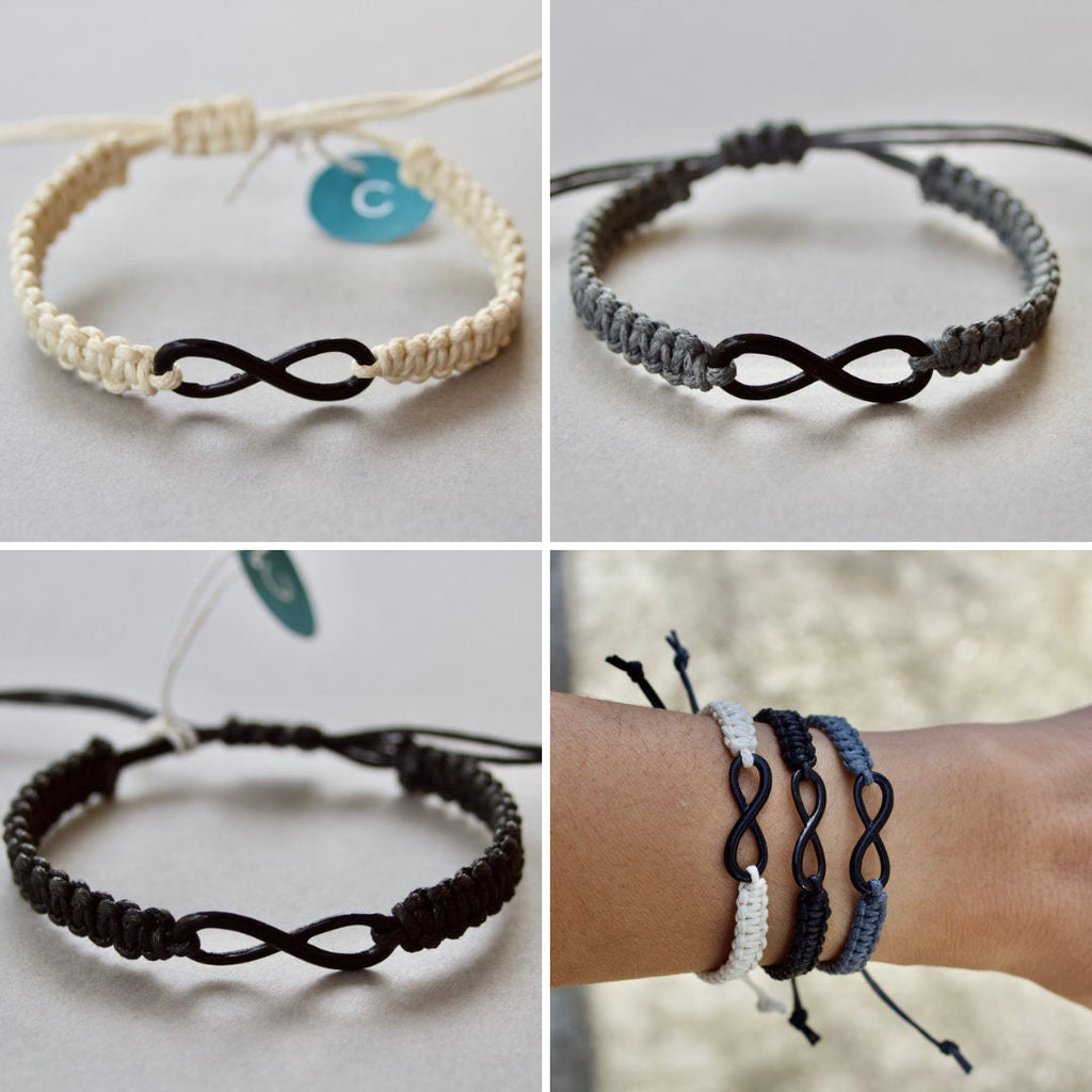 Collection of infinity bracelet designs on a neutral background