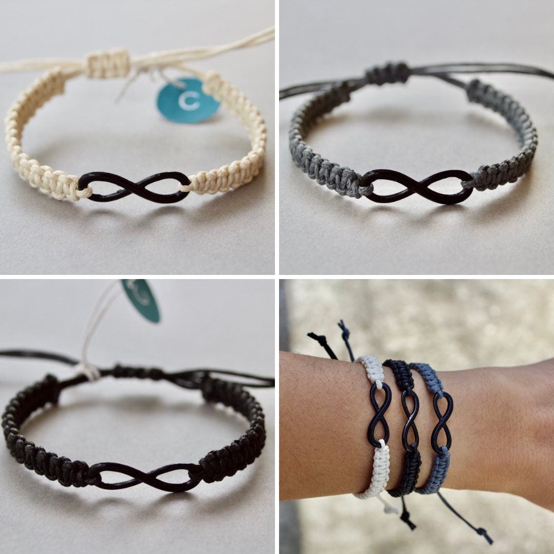 Collection of infinity bracelet designs on a neutral background