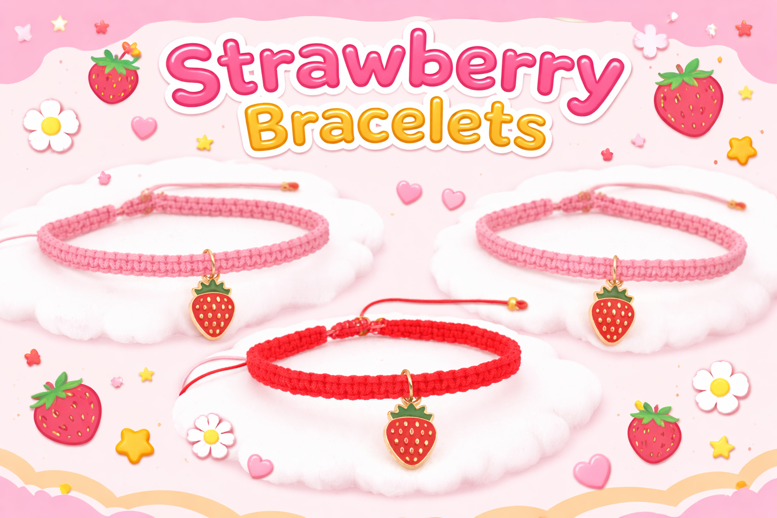 Cute boho macrame bracelet with strawberry charm, gift idea