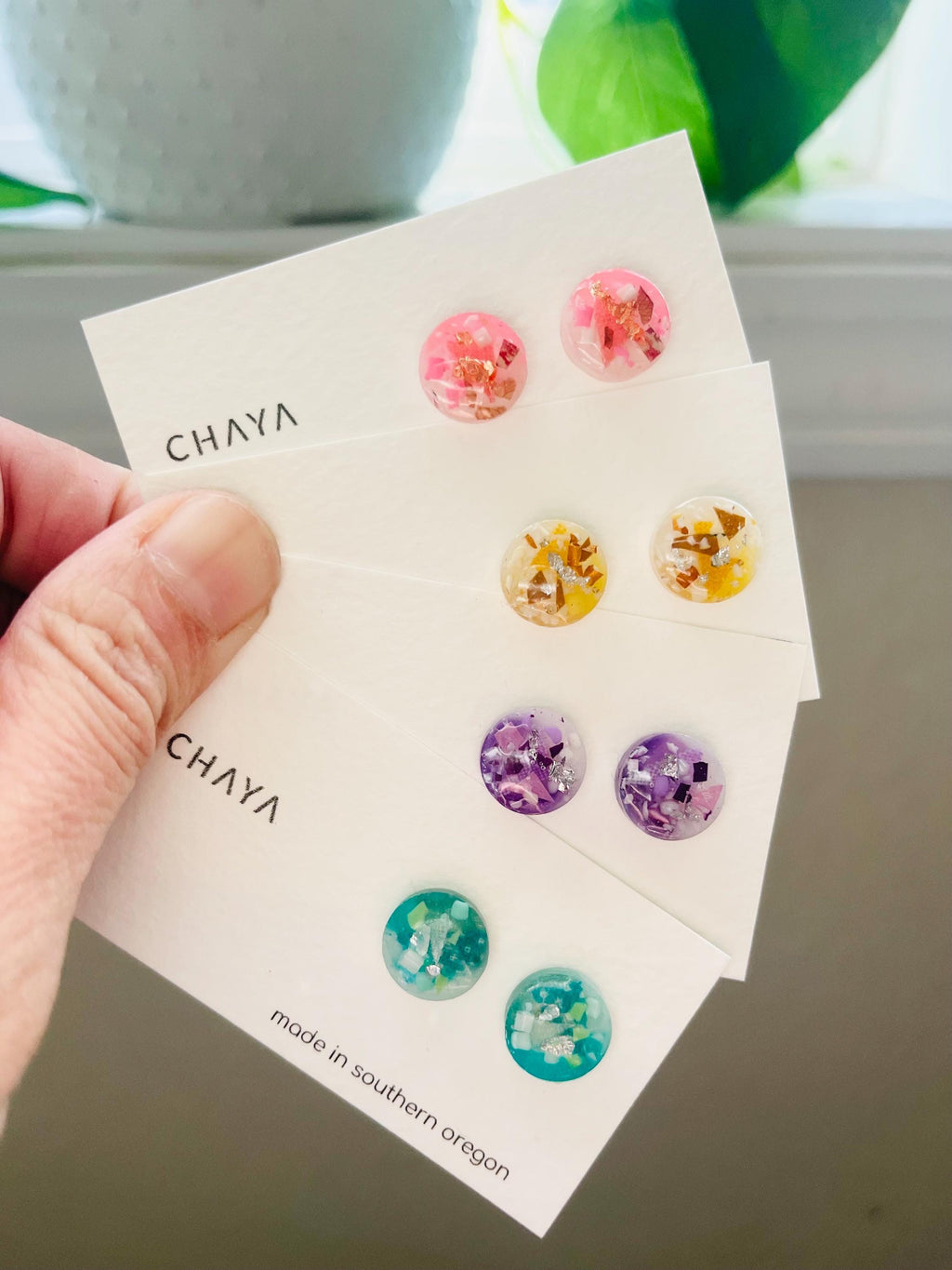 Handmade upcycled resin stud earrings eco-friendly jewelry