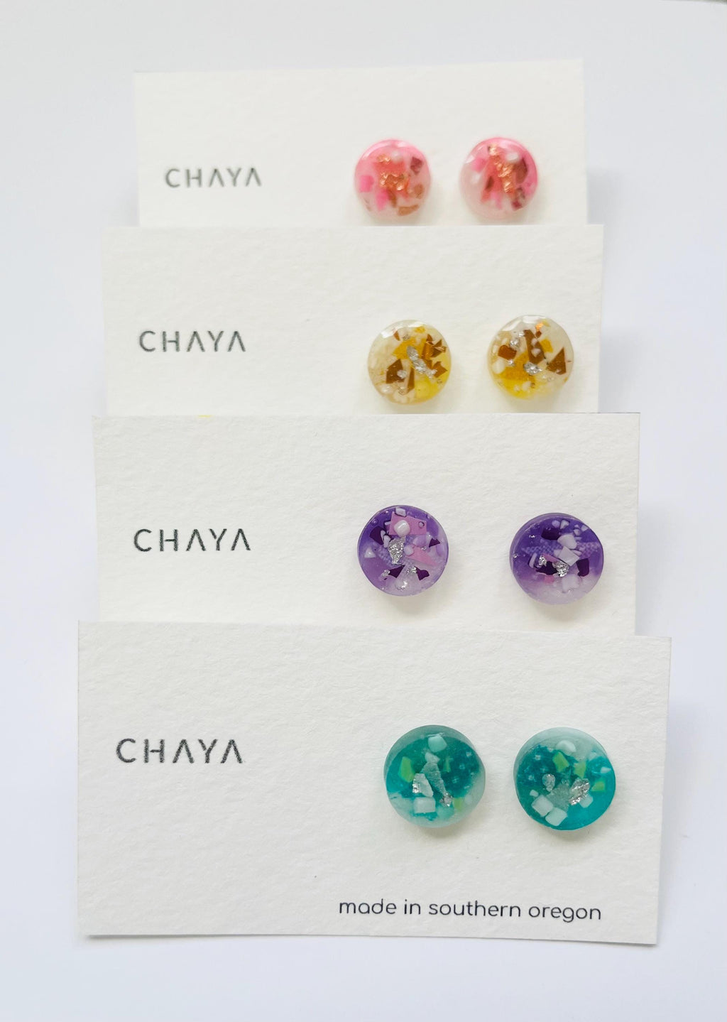 Lightweight resin stud earrings made from reused materials