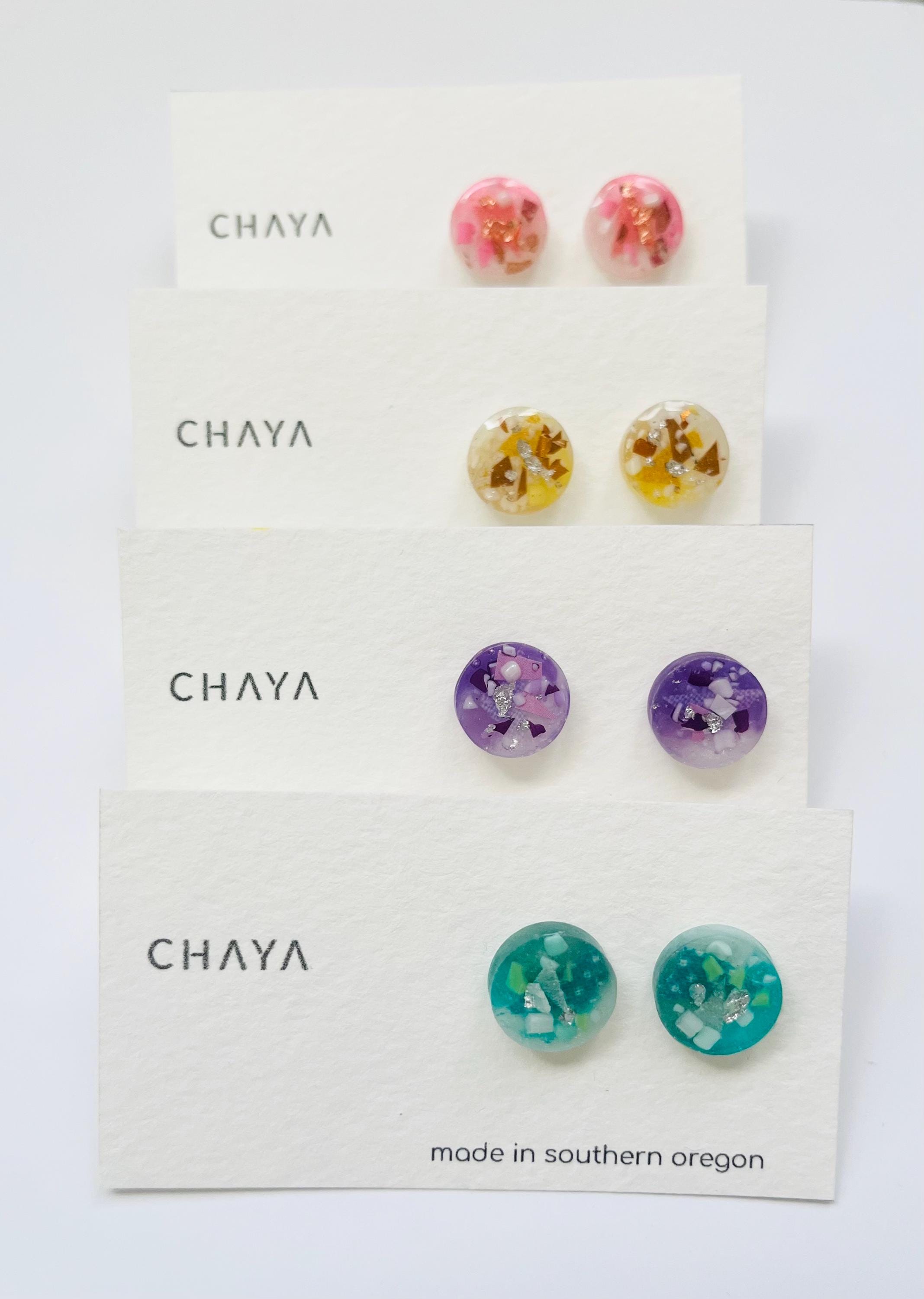 Lightweight resin stud earrings made from reused materials
