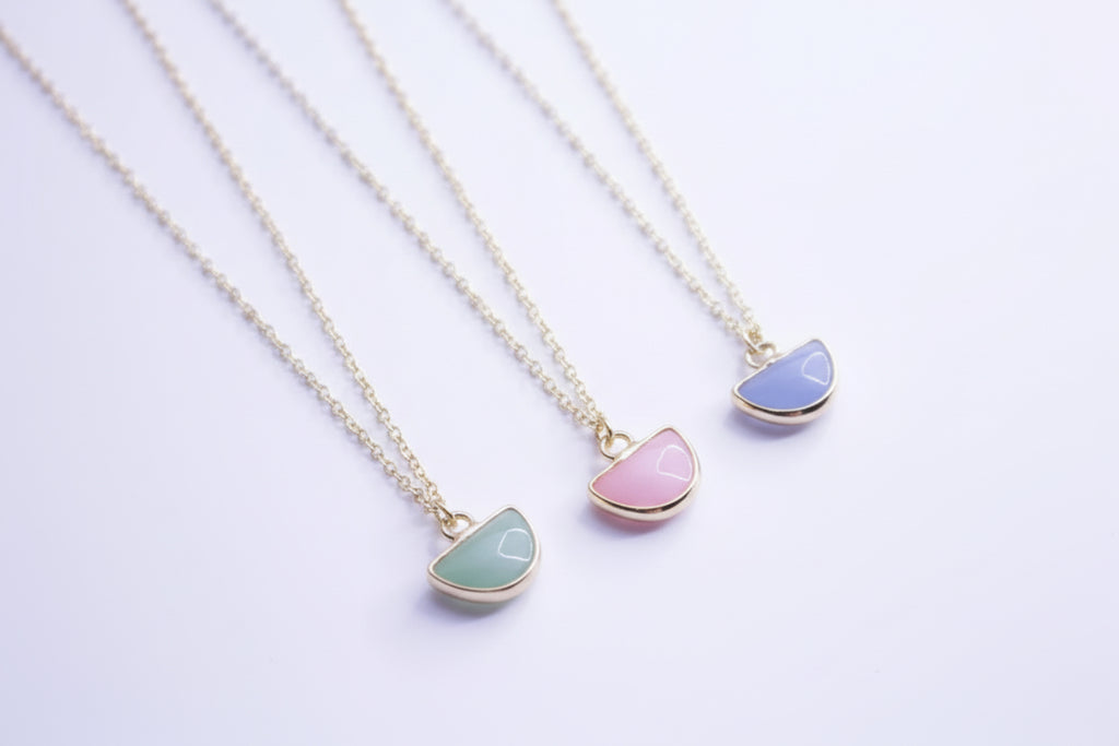 Minimalist dainty half moon pendant necklace close up