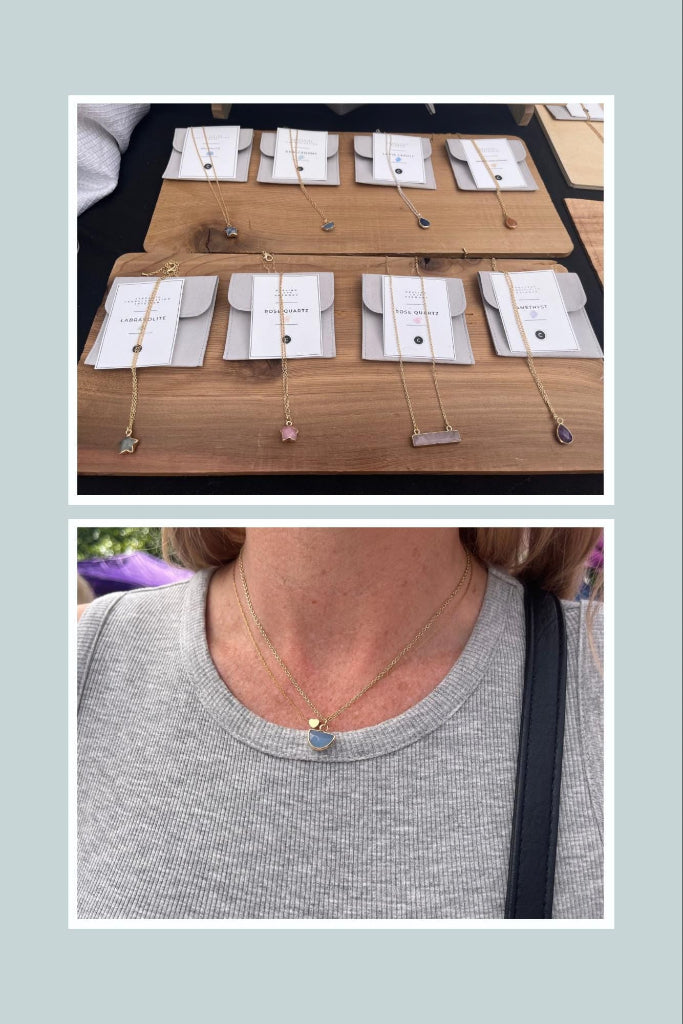 Top part of image shows necklaces on display, bottom part shows a necklace worn by a person.