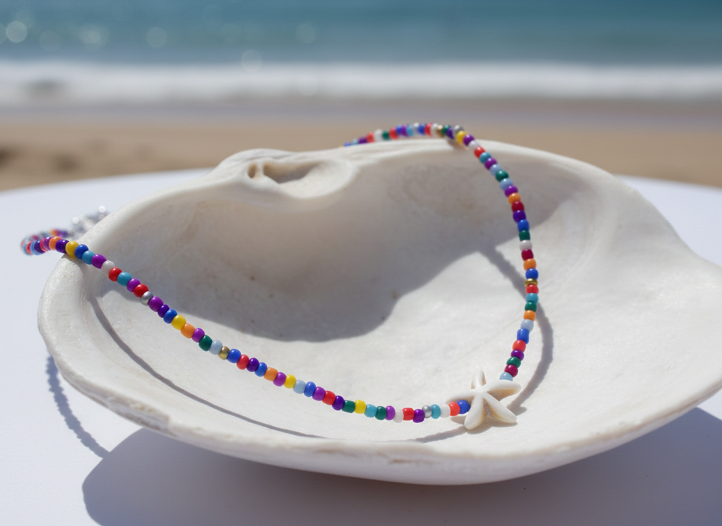 Colorful beaded bracelet with a star charm on a shell against a beach background