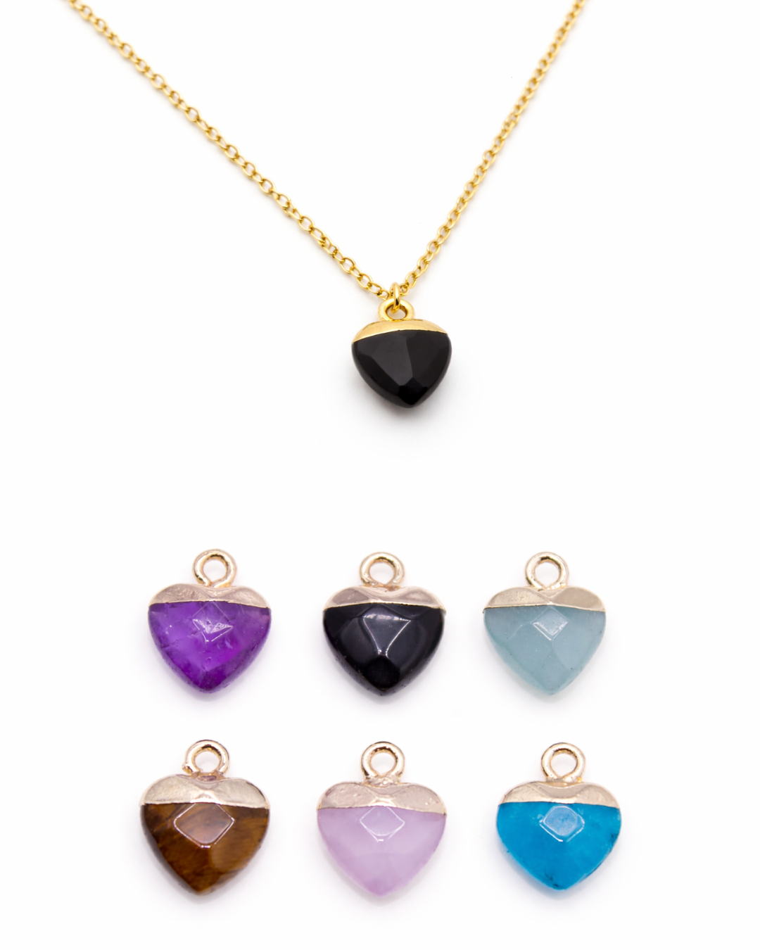 Necklace with heart-shaped pendant in various colors on a white background