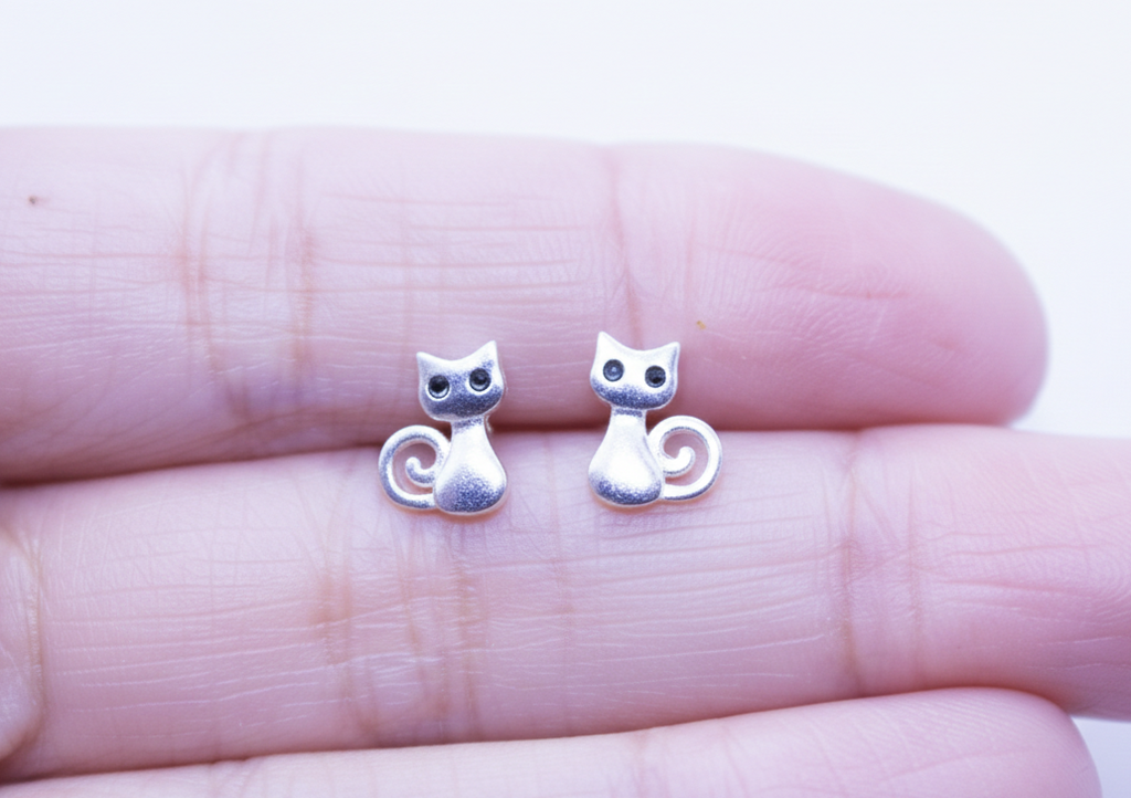 Sterling silver cat stud earrings minimalist cute cat lover jewelry on white background