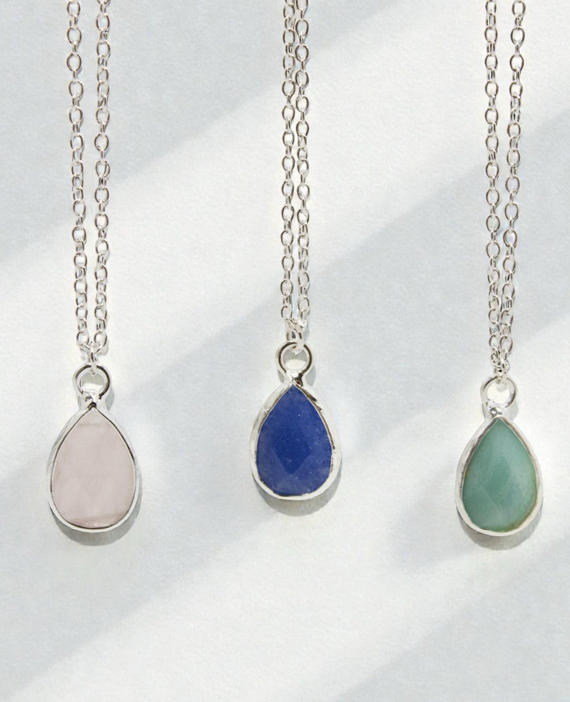 Stone teardrop necklace on stainless steel chain