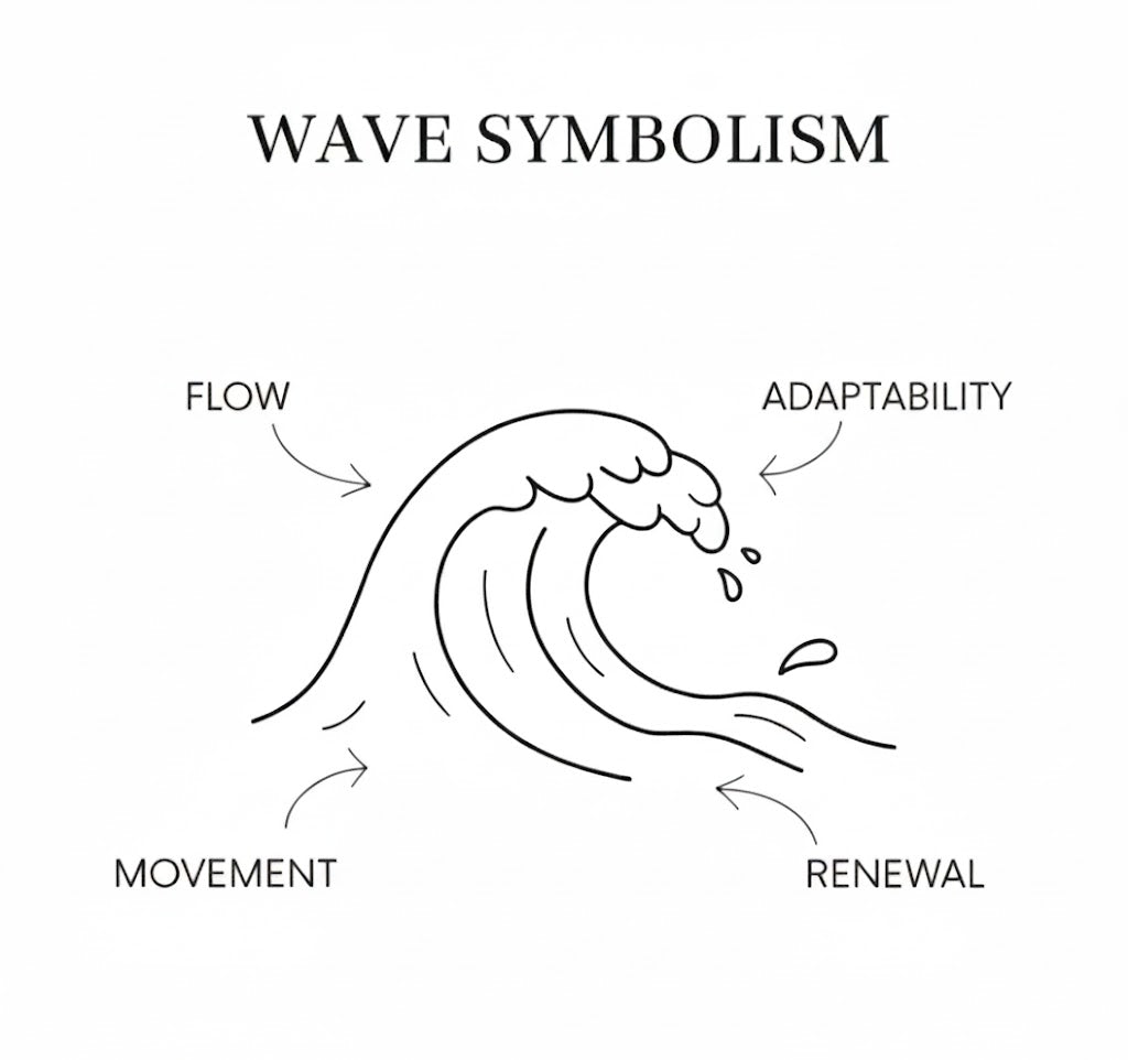 Diagram of a wave with symbols for flow, adaptability, movement, and renewal.