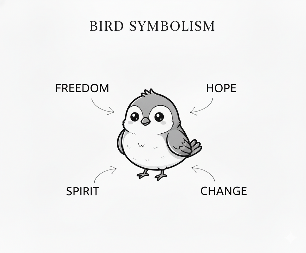 Illustration of a bird with associated symbolism labeled 'Freedom', 'Hope', 'Spirit', and 'Change'.
