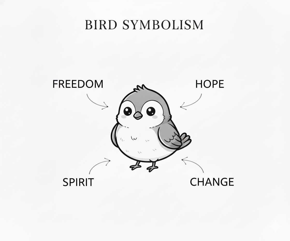 Illustration of a bird with associated symbolism labeled 'Freedom', 'Hope', 'Spirit', and 'Change'.