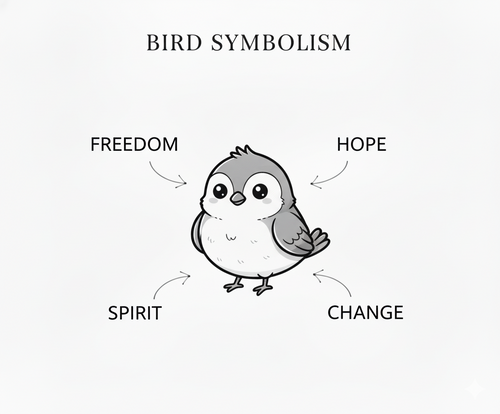 Illustration of a bird with associated symbolism labeled 'Freedom', 'Hope', 'Spirit', and 'Change'.