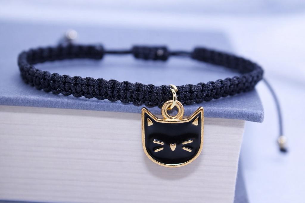 Black braided bracelet with a gold cat pendant on a light blue background