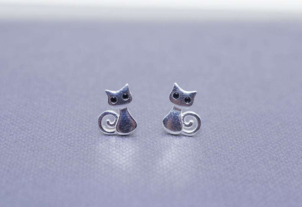 Silver cat-shaped earrings on a light gray background