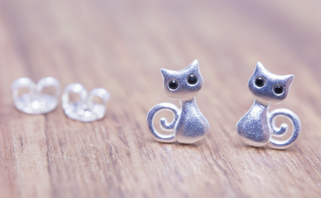Cat-shaped silver earrings on a wooden surface