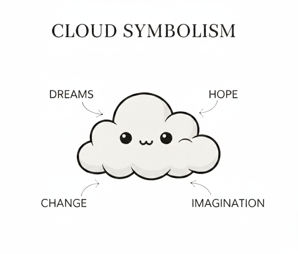 Cartoon cloud with facial features labeled 'Dreams', 'Hope', 'Change', and 'Imagination' on a white background.