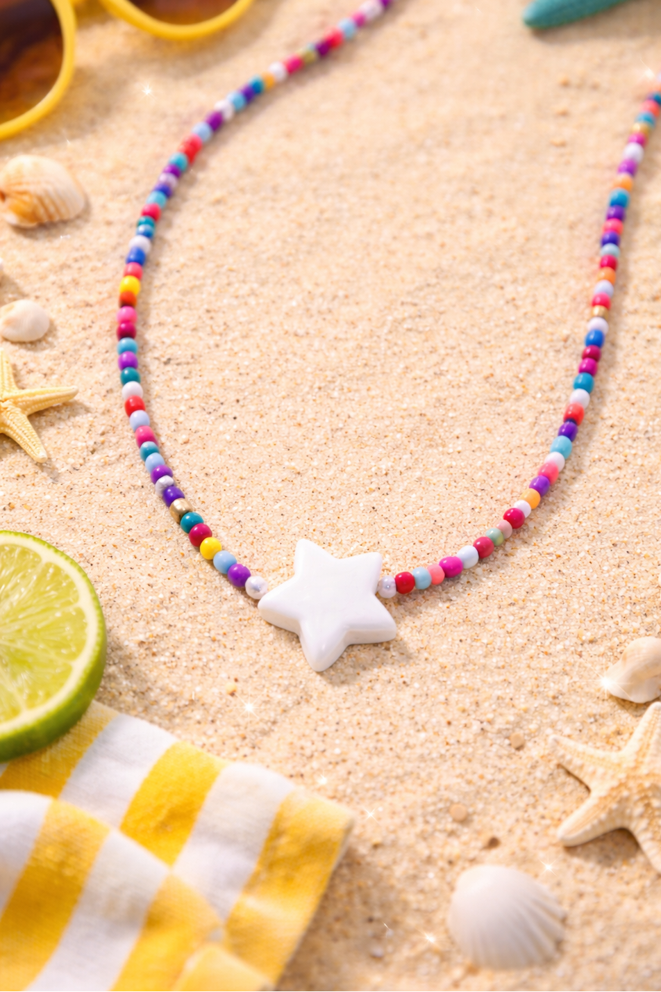 colorful seed bead necklace with shell star charm beach jewelry