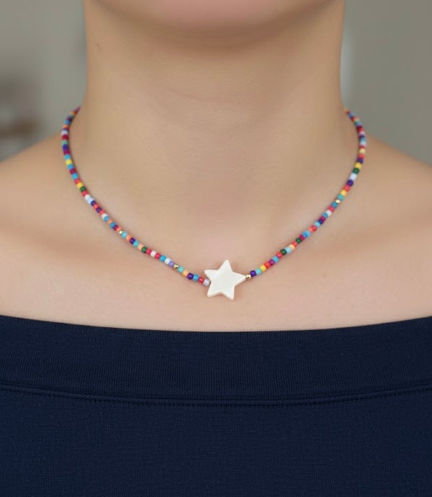 colorful seed bead necklace worn beach summer jewelry