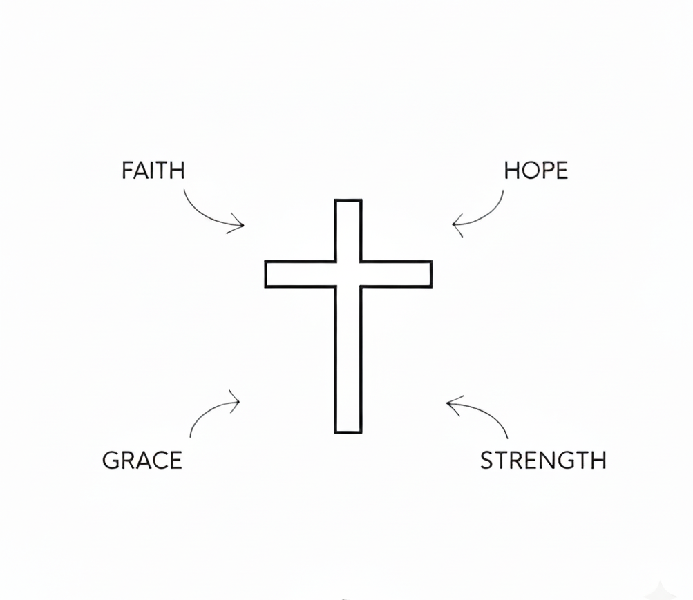 Cross with arrows pointing to faith, hope, grace, and strength on a white background