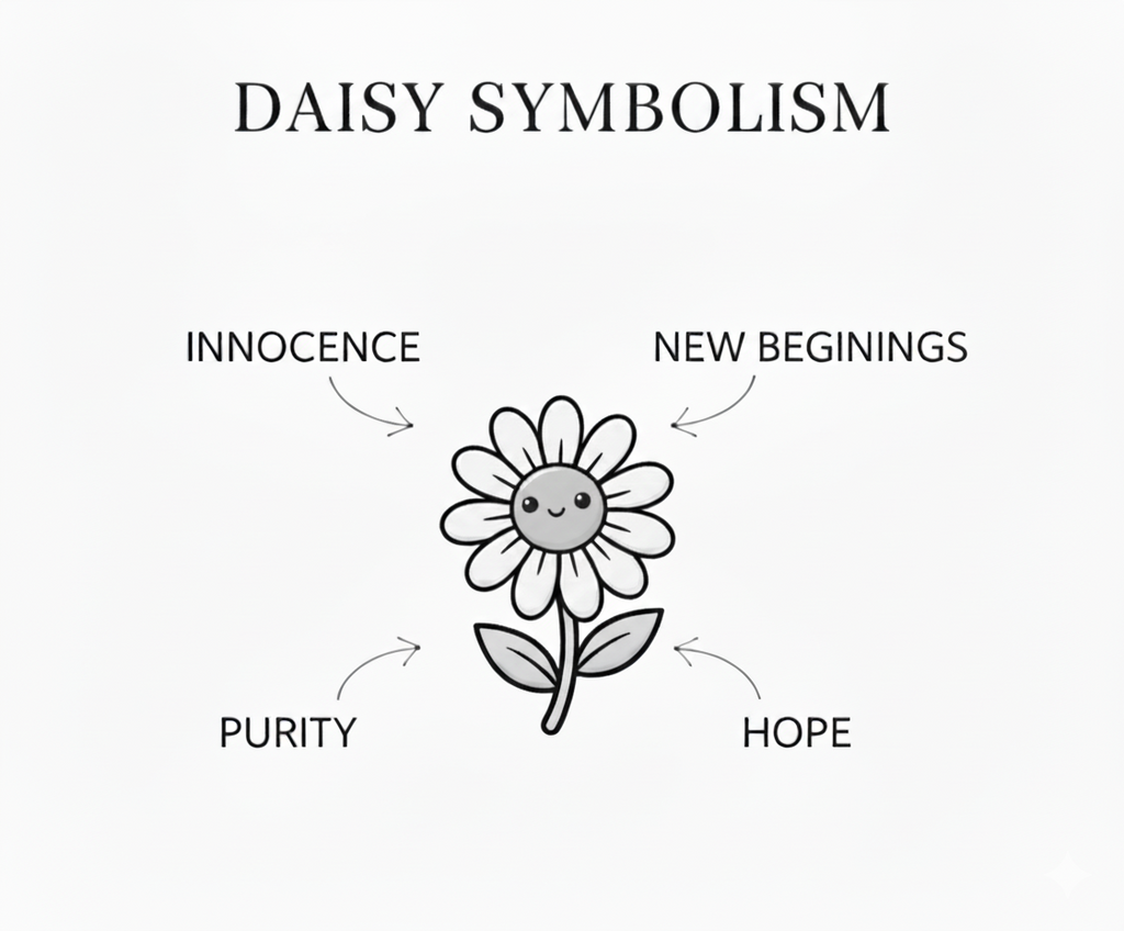 Diagram of a daisy with associated symbolism labeled 'Innocence', 'New Beginnings', 'Purity', and 'Hope'.