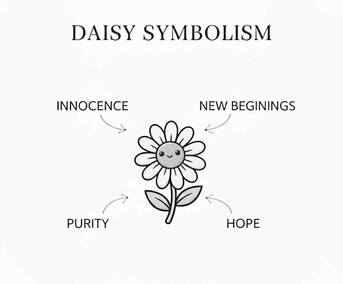 Diagram of a daisy with associated symbolism labeled 'Innocence', 'New Beginnings', 'Purity', and 'Hope'.