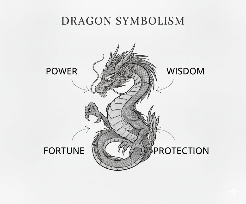 Diagram of a dragon with associated symbolism on a white background
