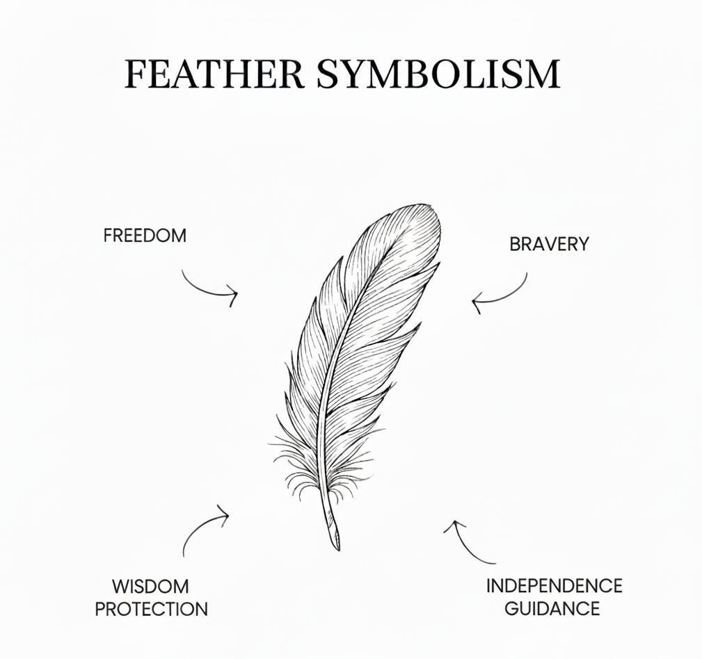 Feather with associated symbolism on a white background
