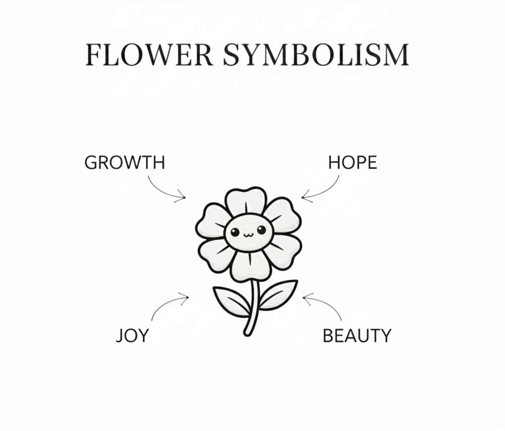 Diagram of a flower with associated symbolism on a white background