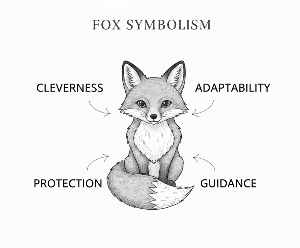 Illustration of a fox with associated symbolism on a white background