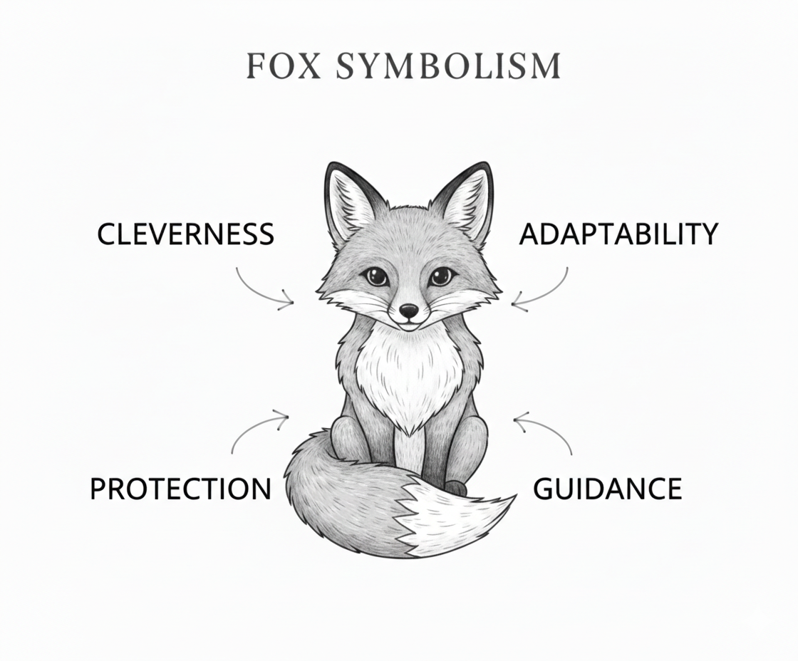 Illustration of a fox with associated symbolism on a white background