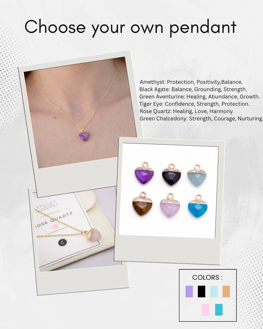 Jewelry display with heart-shaped pendants and their respective stones and meanings.