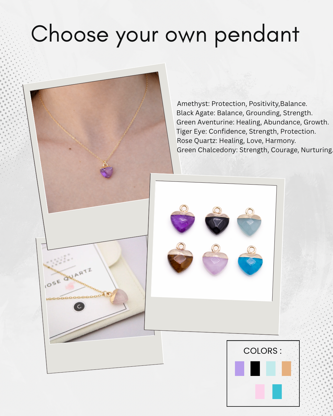Jewelry display with heart-shaped pendants and their respective stones and meanings.