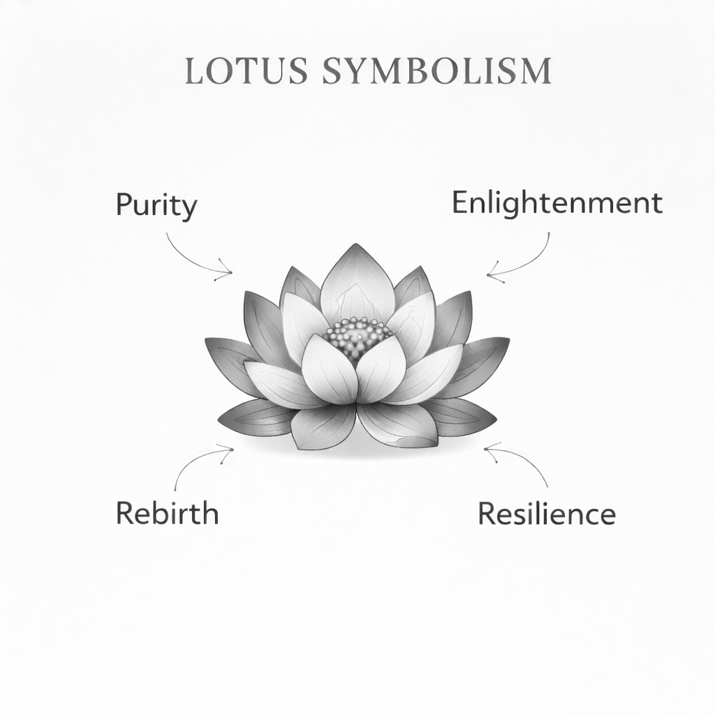 Lotus flower with associated symbolism on a white background