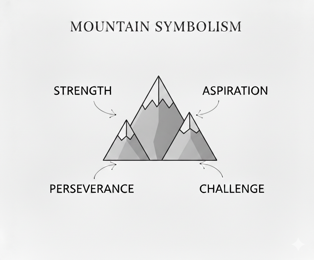Diagram of a mountain with labeled symbolism on a white background