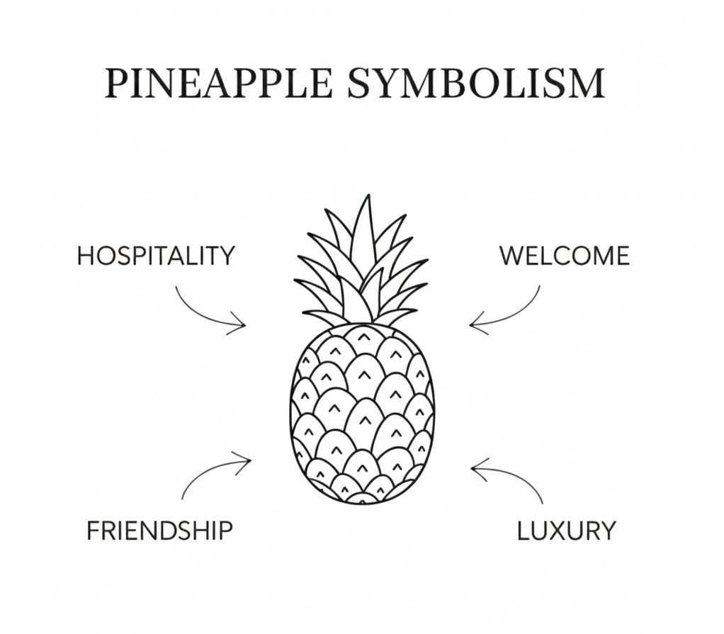 Diagram of pineapple symbolism with arrows pointing to words like hospitality, welcome, friendship, and luxury.