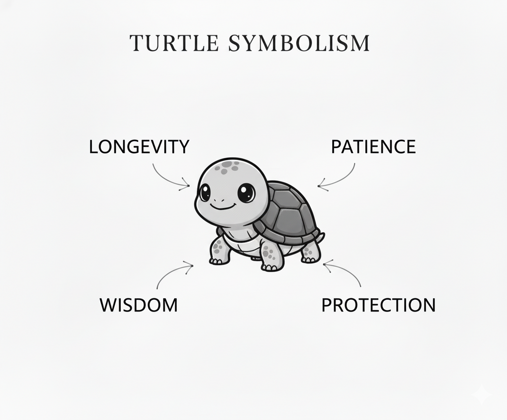 Illustration of a turtle with associated symbolism labeled on a white background