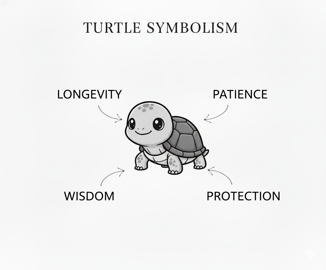 Illustration of a turtle with associated symbolism labeled on a white background