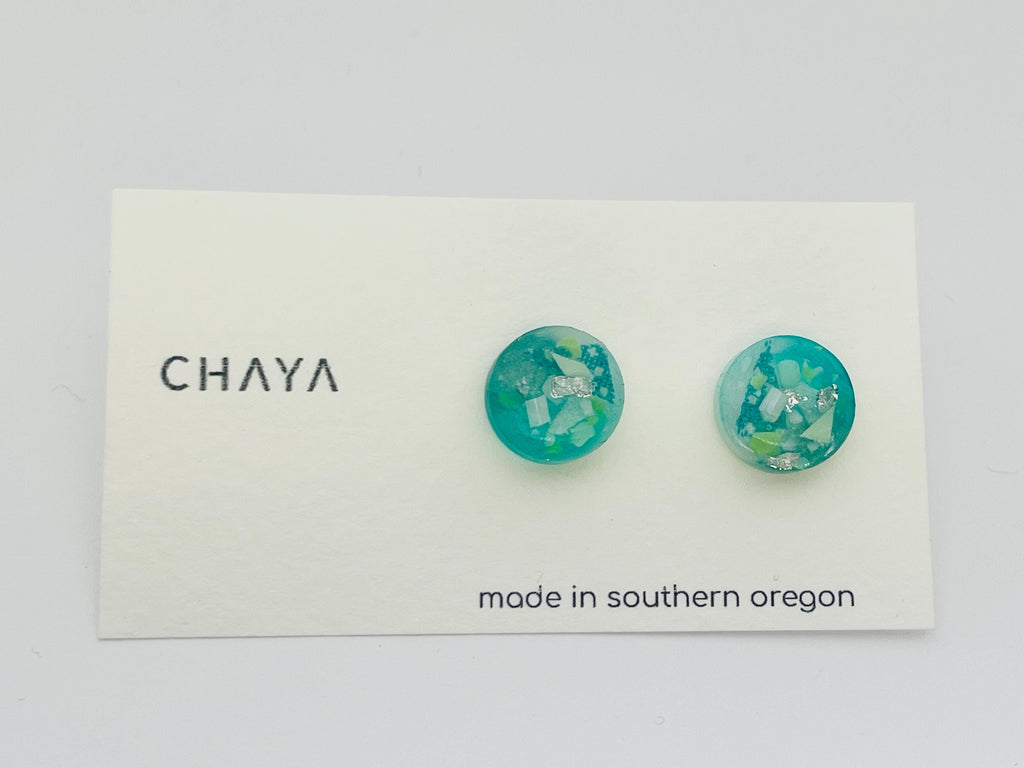 Pair of turquoise earrings on a Chaya branded card with 'made in southern Oregon' text.
