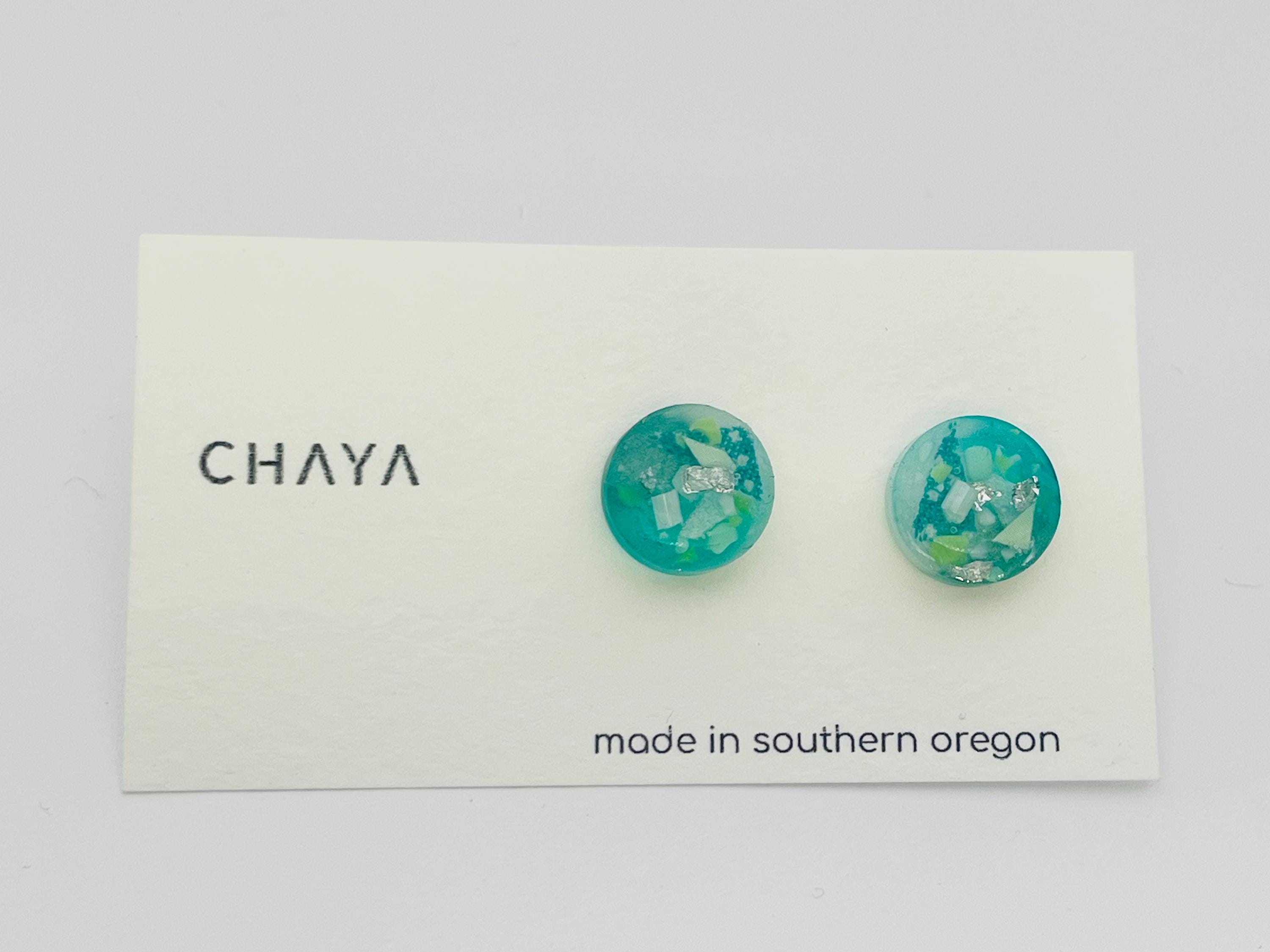 Pair of turquoise earrings on a Chaya branded card with 'made in southern Oregon' text.