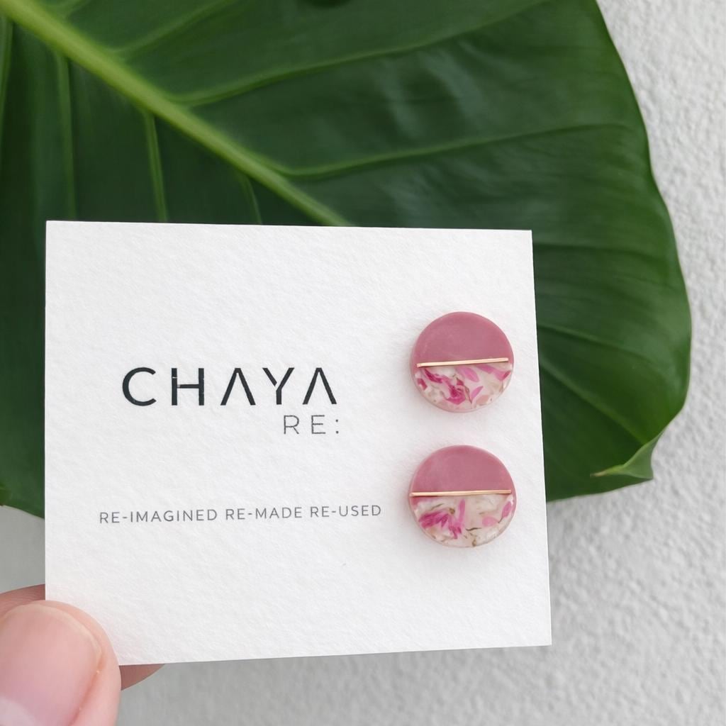Pink floral earrings on a Chaya card with green leaf background